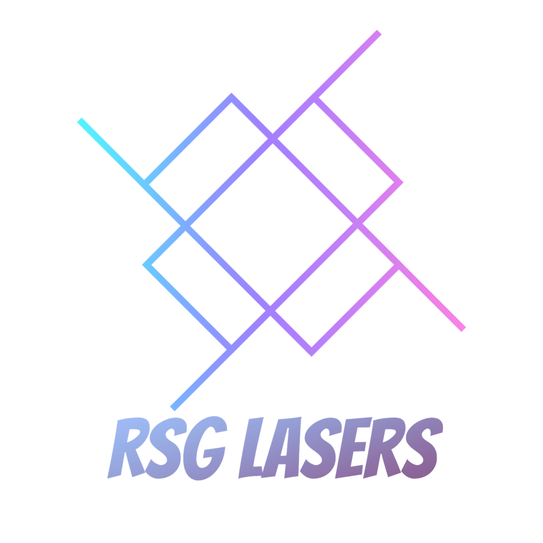 Logo of RSG Lasers featuring a geometric design with interconnected lines and squares in a gradient of blue and pink.